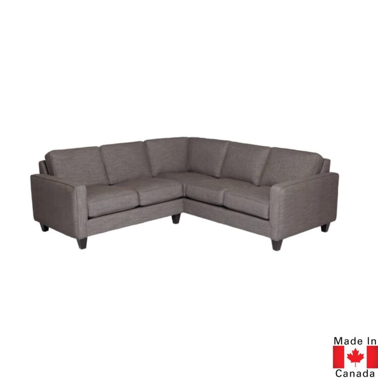 Dark grey sectional sofa. Boxy shape, on medium height dark wood legs.